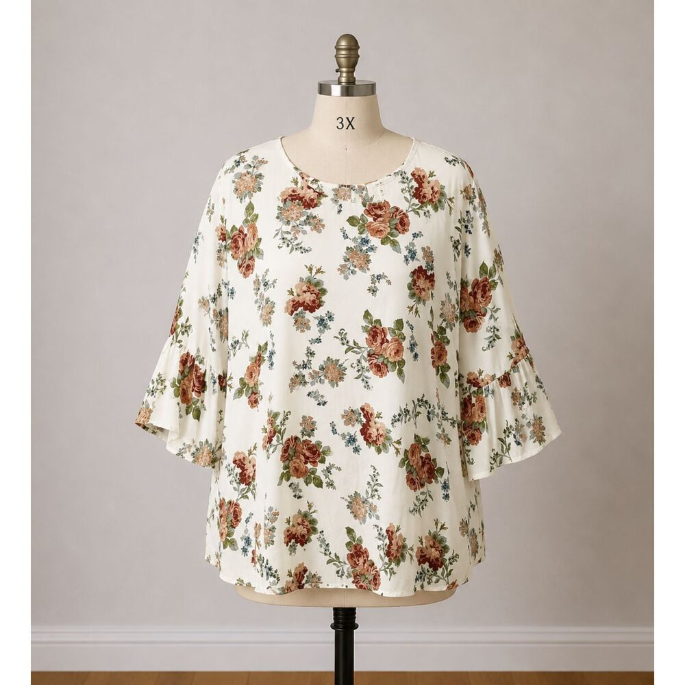 Como Blu Women's 3X Floral Top Cottagecore Bell Sleeve Bohemian Blouse